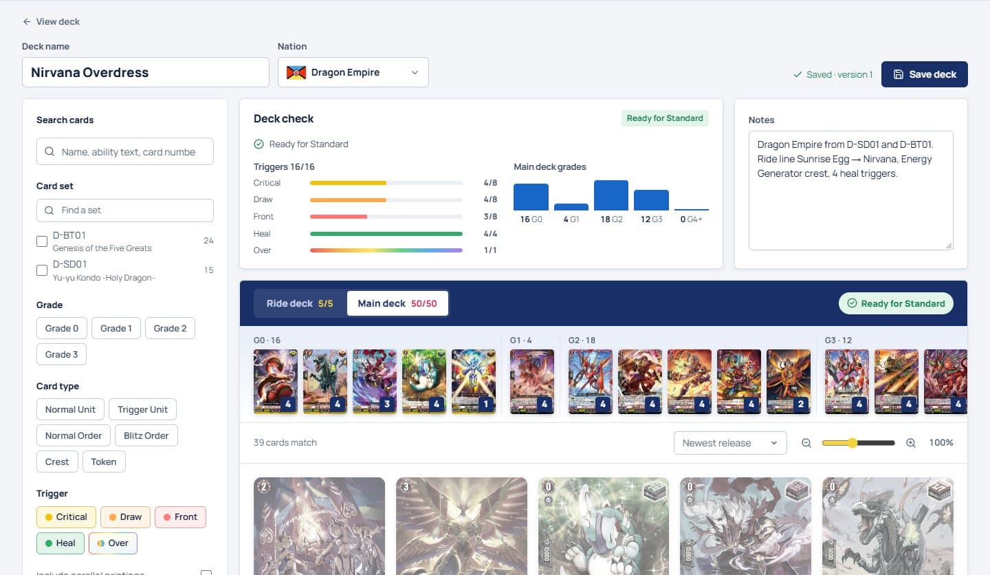 The deck builder: deck check, notes, ride deck slots and the card grid