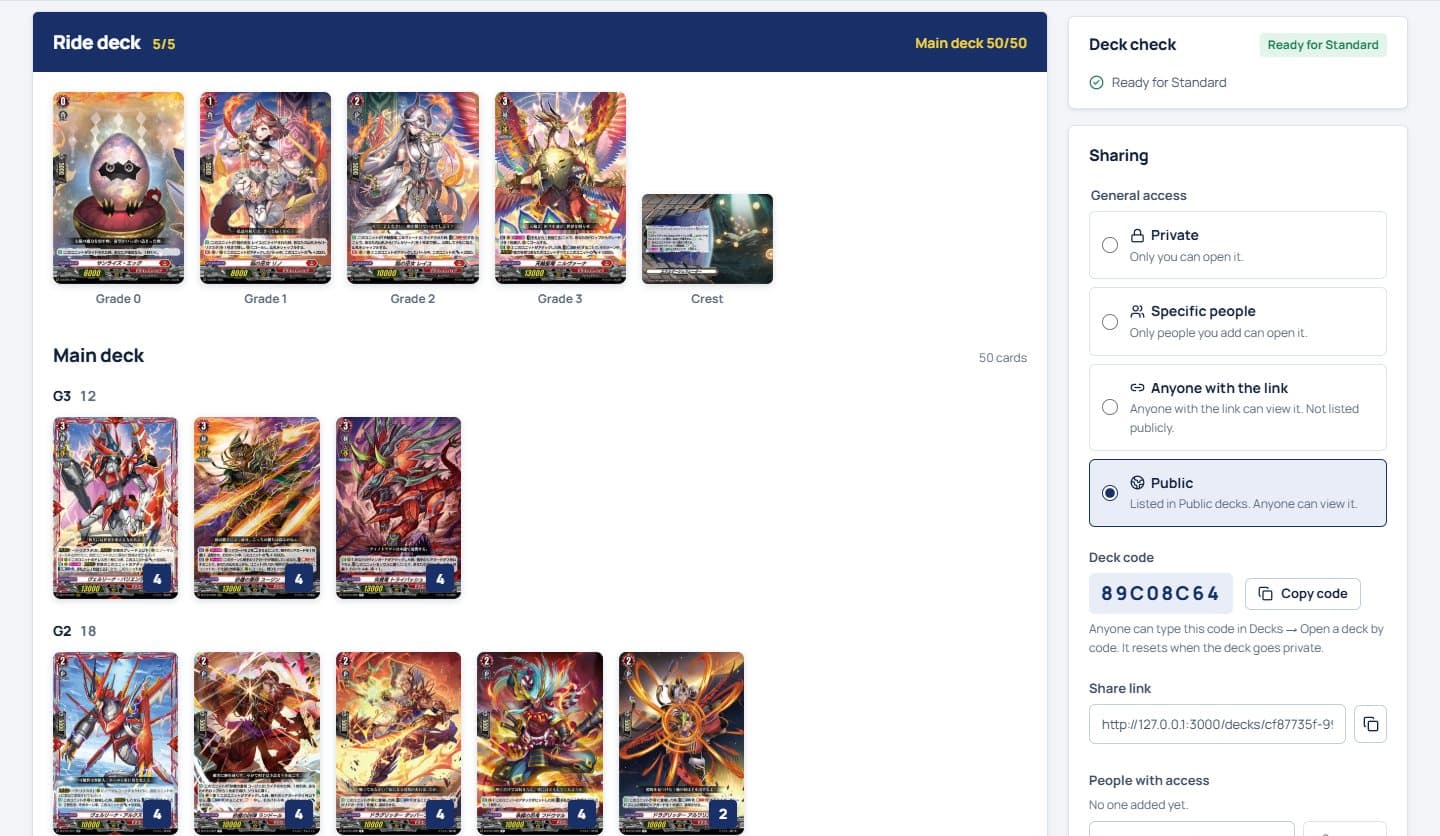 A deck page with sharing: general access, share link, deck code and people